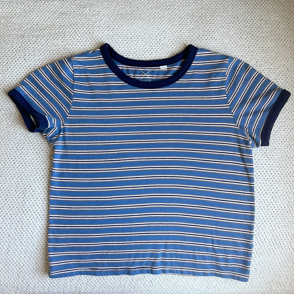 PACSUN BASICS Blue Short Sleeve Tee: Horizontal Yellow & White stripes